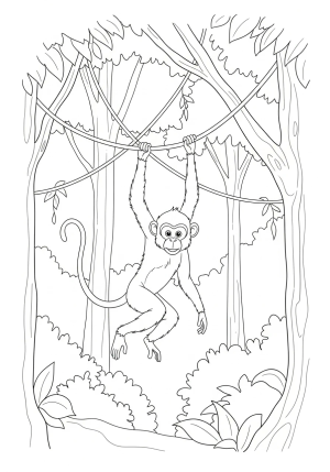A mischievous monkey swinging from vines in a dense rainforest with trees and leaves in the background