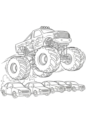 A giant monster truck zooming over a row of cars with flames on its sides and oversized tires