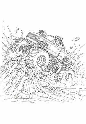 A detailed monster truck crushing through a mountain of rocks with flying debris