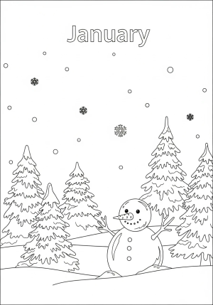 A cheerful scene of a snow-covered landscape with a snowman, evergreen trees, and falling snowflakes to represent January