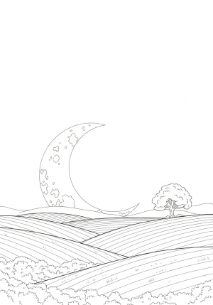 A detailed scene of a serene moonlit night with a large crescent moon shining over a peaceful countryside with rolling hills and a lone tree.