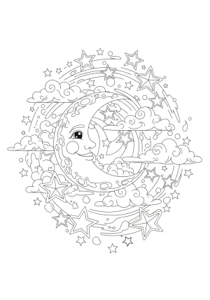 An intricate illustration of a whimsical moon character with a friendly smile, surrounded by stars and clouds in a dreamy night sky.