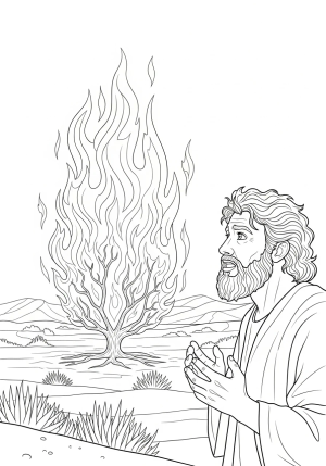 Moses standing before the burning bush, with flames and an amazed expression on his face, surrounded by desert scenery.