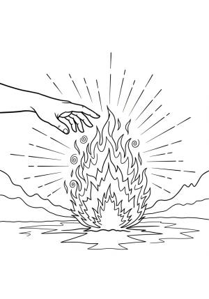 An illustration of Moses reaching out to touch the burning bush, with divine light shining around it and the wilderness in the background.