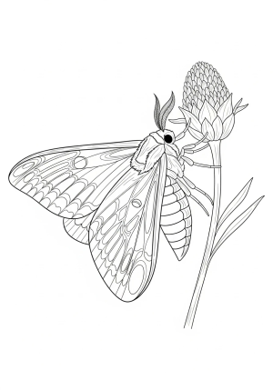 A detailed illustration of a majestic moth with intricate wing patterns perched on a delicate flower stem