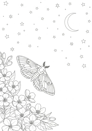 A whimsical scene of a moth fluttering near a moonlit night sky filled with stars and blooming night flowers