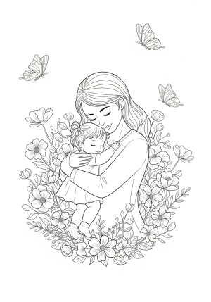 A loving mother and child sharing a gentle hug in a garden full of blooming flowers and butterflies