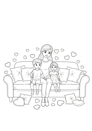 A mother and her children sitting together on a cozy sofa, surrounded by heart-shaped patterns and plush cushions