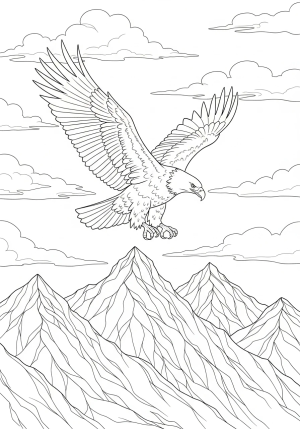 An inspiring scene of a soaring eagle above mountain peaks with clouds in the background