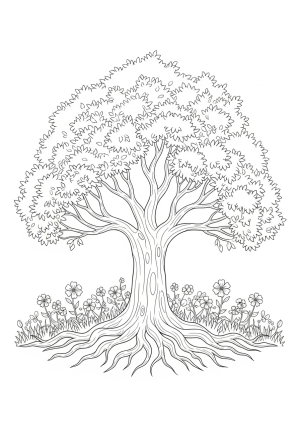 A peaceful tree with sprawling roots and branches reaching towards the sky, surrounded by blooming flowers