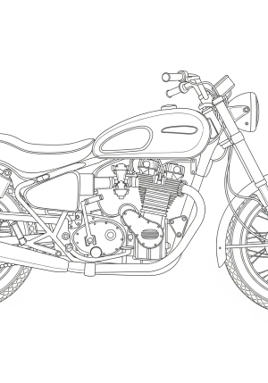 A detailed side view of a vintage motorcycle with intricate designs and dynamic lines