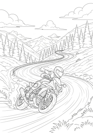 An action scene showing a motorcycle speeding through a winding mountain road with trees and clouds in the background