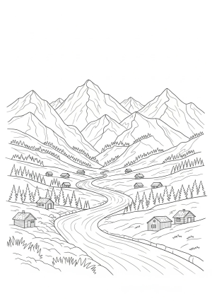 A serene mountain landscape with a winding river flowing through the valley, flanked by trees and dotted with small cabins beneath towering summits
