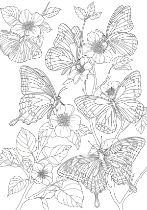 A detailed image of several intricately patterned butterflies resting on flowering branches in a lush garden scene