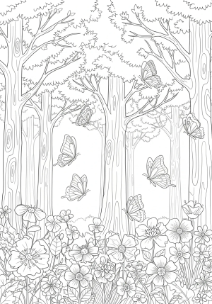 A whimsical scene featuring a variety of butterflies fluttering around a fairy-tale forest filled with tall trees and blooming flowers