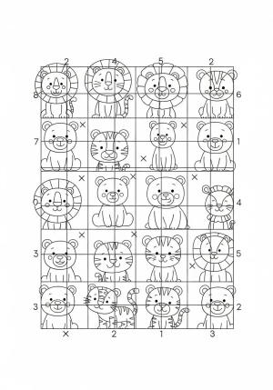 A playful scene of various animals, like lions, tigers, and bears, arranged in a grid pattern to represent multiplication groups.