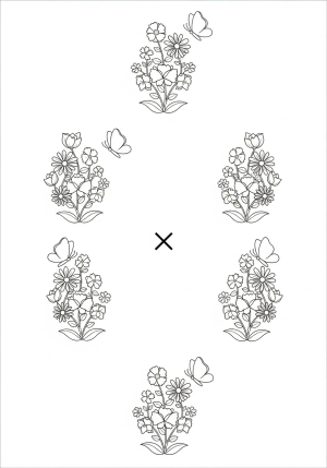 A whimsical garden with flowers and butterflies arranged in symmetrical clusters to illustrate multiplication concepts.