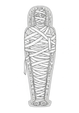 A detailed illustration of an ancient Egyptian mummy wrapped in bandages, lying inside a decorative sarcophagus with hieroglyphic patterns.