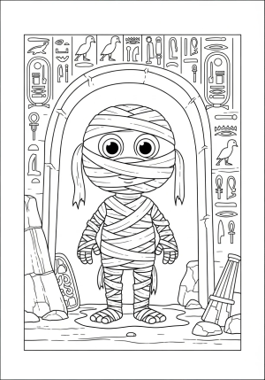 A friendly cartoon-style mummy with big expressive eyes, wrapped in tattered cloths, standing in a tomb surrounded by ancient artifacts and hieroglyphics.