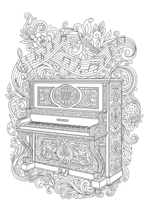 An intricate depiction of a vintage piano with musical notes flowing around it, surrounded by decorative elements