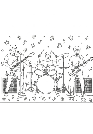 A lively scene of a band playing on stage with various instruments like drums, guitars, and microphones, filled with musical symbols and patterns