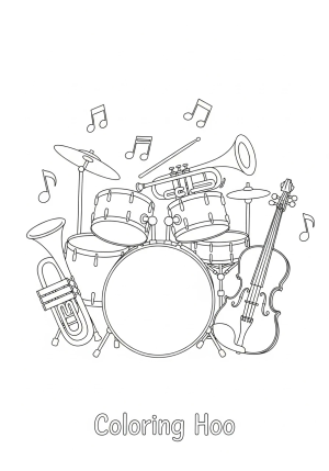 A whimsical illustration of a set of musical instruments including a drum set, a trumpet, and a violin arranged together in a lively composition