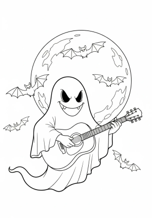 A friendly ghost playing a spooky guitar in front of a full moon with bats flying around