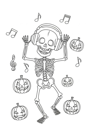 A cheerful skeleton wearing headphones and dancing among floating musical notes and Halloween pumpkins