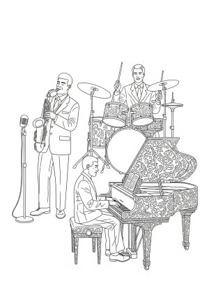 A lively jazz band performing together on a small stage, featuring a saxophonist, a drummer, and a pianist with intricate instruments and musical accessories