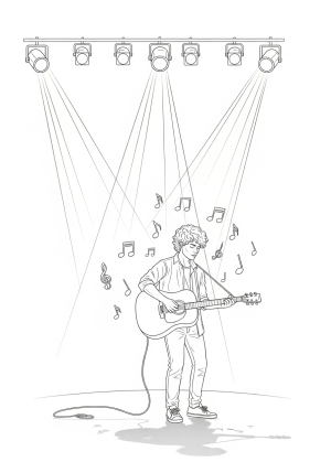 A detailed scene of a musician playing an acoustic guitar on stage with spotlights shining down and musical notes floating around