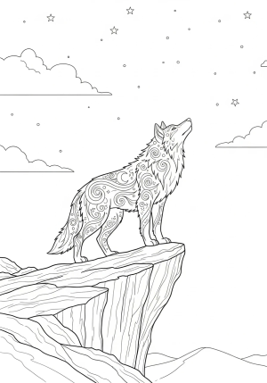 A majestic mythical wolf with swirling celestial patterns in its fur, standing atop a rocky cliff under a starry night sky