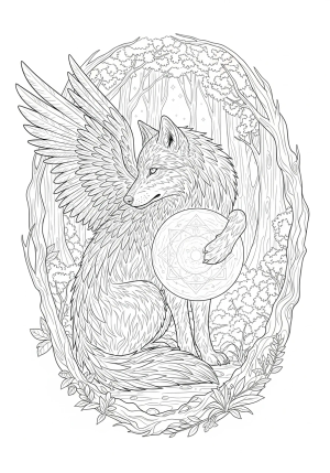 An ancient enchanted wolf with shimmering, ethereal wings curled around a glowing mystical orb amidst a dense enchanted forest