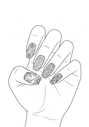 A detailed illustration of a hand with elegantly decorated fingernails showcasing intricate nail art and patterns.