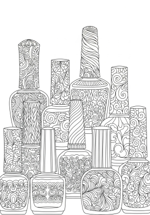 A close-up of a collection of diverse nail polish bottles with ornate caps and swirling designs around them.