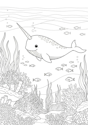 A cheerful narwhal swimming through an underwater scene filled with coral reefs, seaweed, and small fish, with a whimsical and detailed style