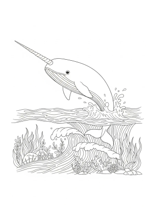 A playful narwhal leaping out of the water above a splash with ocean waves and marine plants surrounding it in a lively, intricate design