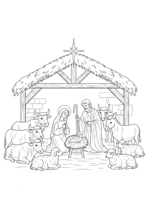 A detailed scene of the Nativity manger with Mary, Joseph, and baby Jesus in a stable, surrounded by animals and a star shining above