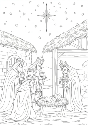 The Wise Men presenting gifts to baby Jesus in the manger, with a stable and a starry night sky in the background