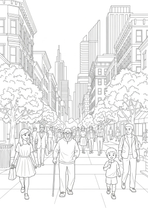 A bustling city street scene with diverse people walking, buildings of various styles, and trees lining the sidewalks, illustrating community life and connection
