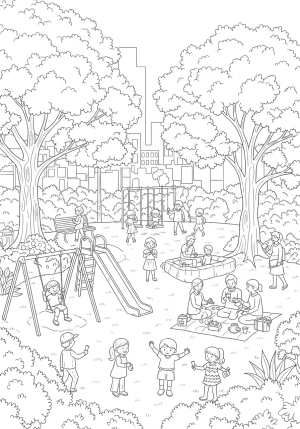 A vibrant city park with children playing, families having picnics, and lush trees and flowers, representing God's creation and joy within the city