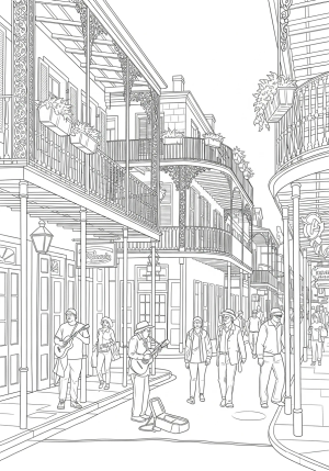 A detailed scene of the historic French Quarter with ornate balconies, wrought-iron railings, and a street performer on a bustling New Orleans street