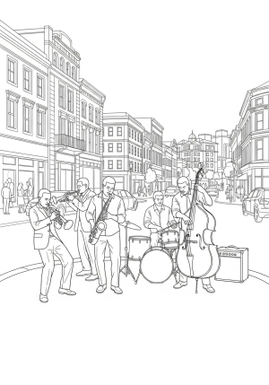 An artistic depiction of a soulful jazz band playing on a lively street corner with vintage buildings in the background