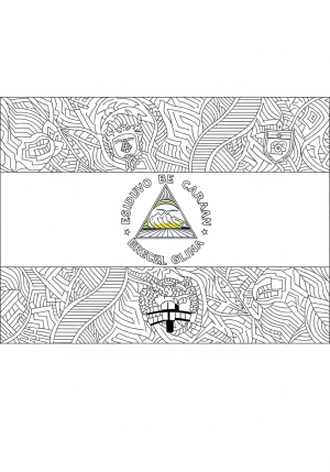 A detailed black and white illustration of the Nicaragua flag featuring its distinctive horizontal stripes and central coat of arms, with intricate patterns and symbols incorporated into the design
