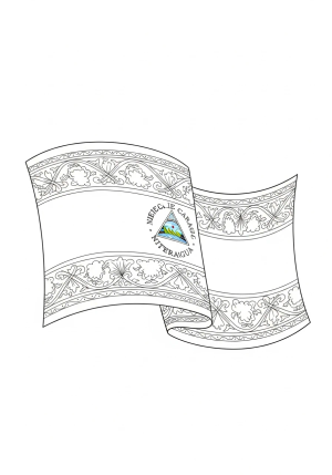 An artistic line drawing of the Nicaragua flag waving in the breeze, highlighting the stripes and emblem with decorative borders and traditional motifs