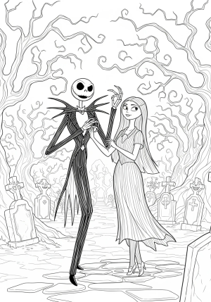 A detailed illustration of Jack Skellington and Sally standing in the spooky town square with twisted trees and whimsical gravestones in the background