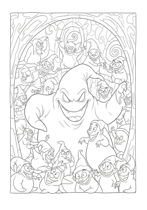 A whimsical scene of Oogie Boogie’s lair filled with creepy tricks, swirling shadows, and mischievous minions, capturing a mysterious and eerie atmosphere