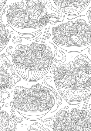 An intricate pattern of various types of noodles such as spaghetti, ramen, and udon intertwined with decorative swirls and shapes