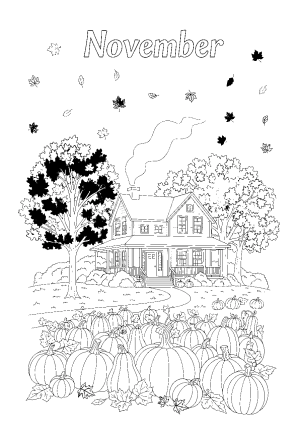 A festive November scene with autumn leaves falling around a cozy farmhouse and a pumpkin patch in the foreground.