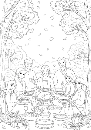A detailed illustration of a family enjoying a Thanksgiving feast outdoors, with trees shedding leaves and harvest symbols in the background.