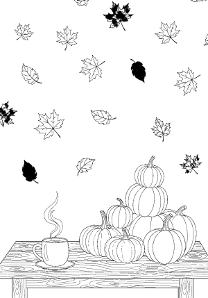 A cozy autumn scene featuring falling leaves, a stack of pumpkins, and a steaming mug on a rustic wooden table.